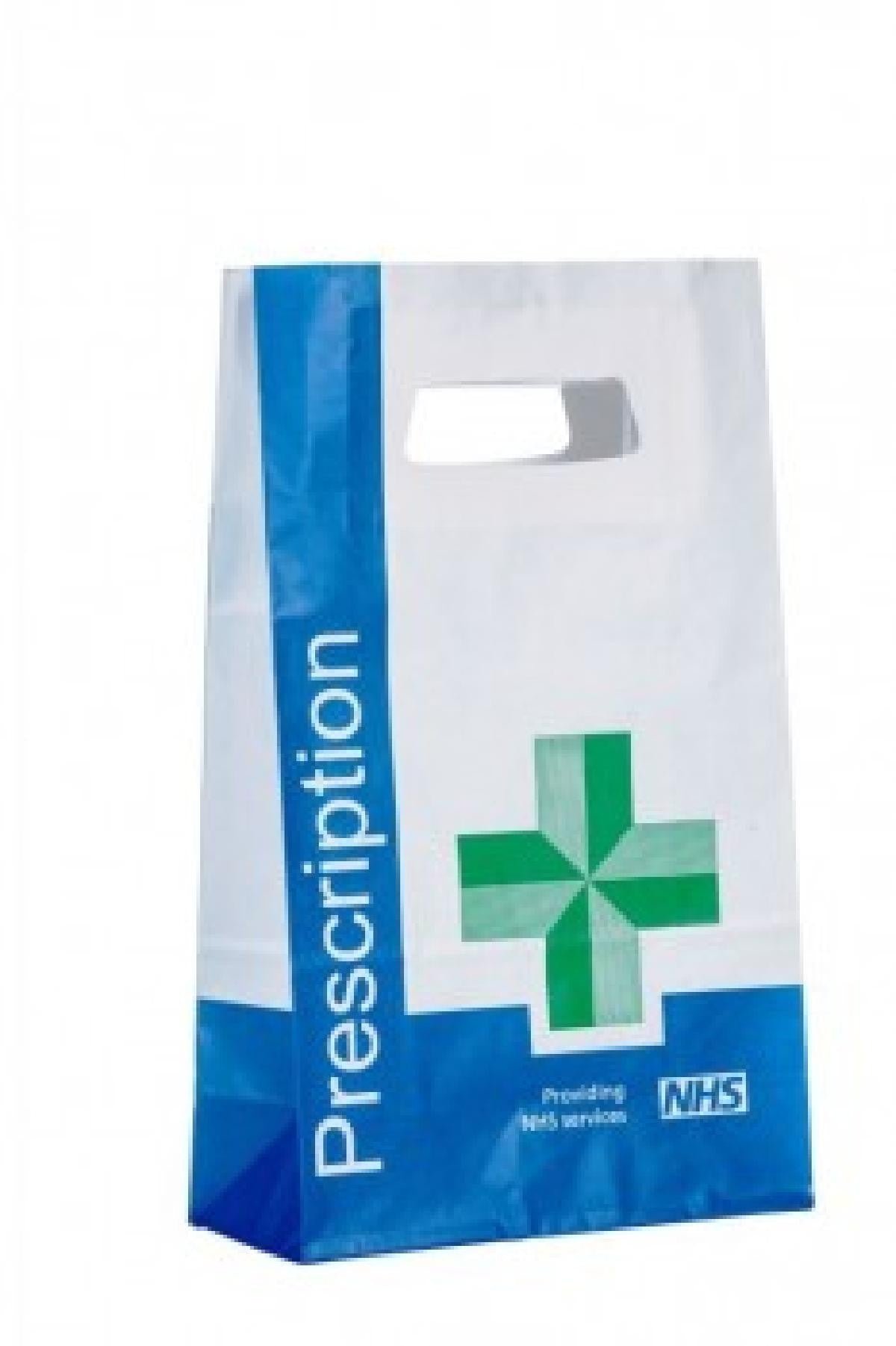 Prescription Bag with Handle - 3.75" x 7" x 12" - Printed NHS Green Cross (Pack of 500)